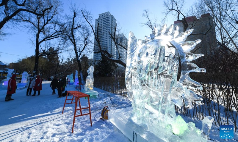 A prize-winning ice sculpture is seen during a national college students' ice sculpture contest in Harbin, northeast China's Heilongjiang Province, Dec. 31, 2022. The contest concluded here Saturday. (Xinhua/Wang Song)