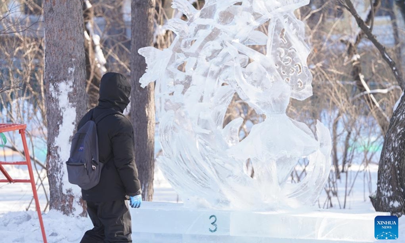 A prize-winning ice sculpture is seen during a national college students' ice sculpture contest in Harbin, northeast China's Heilongjiang Province, Dec. 31, 2022. The contest concluded here Saturday. (Xinhua/Wang Song)