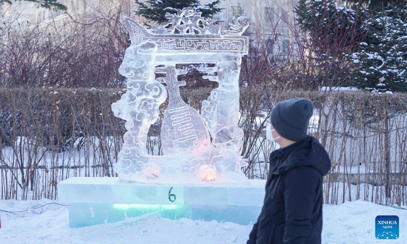 A prize-winning ice sculpture is seen during a national college students' ice sculpture contest in Harbin, northeast China's Heilongjiang Province, Dec. 31, 2022. The contest concluded here Saturday. (Xinhua/Wang Song)