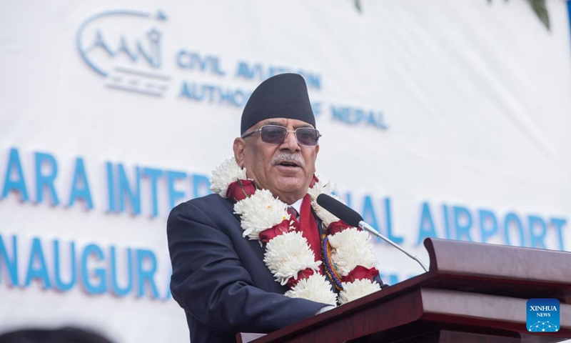 Nepali Prime Minister Pushpa Kamal Dahal addresses the inauguration ceremony for Pokhara International Airport in Pokhara, Nepal, Jan. 1, 2023. As Pokhara International Airport, a national pride project of Nepal, was inaugurated on Sunday, Nepali Prime Minister Pushpa Kamal Dahal laid emphasis on its contribution to national and regional development. (Photo by Hari Maharjan/Xinhua)