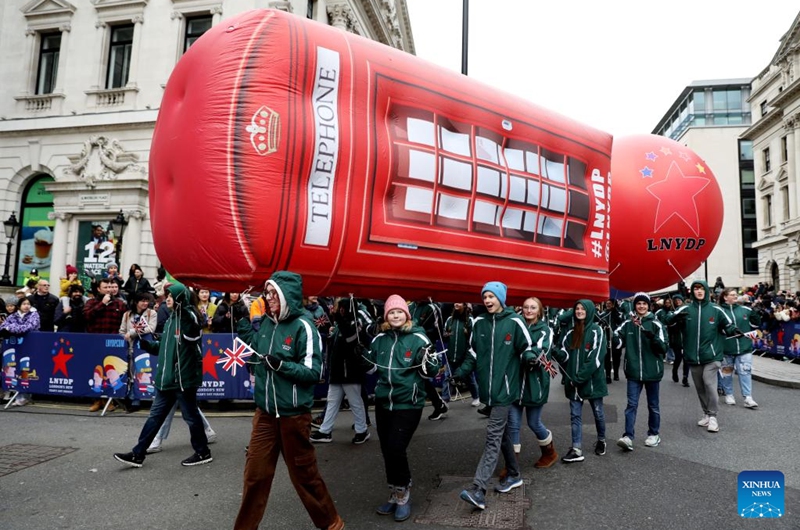 People take part in the annual New Year's Day Parade in London, Britain, Jan. 1, 2023. (Xinhua/Li Ying)