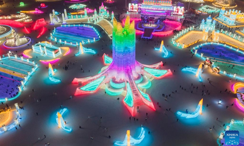 This aerial photo taken on Jan. 5, 2023 shows tourists visiting the Harbin Ice-Snow World theme park in Harbin, northeast China's Heilongjiang Province. The opening ceremony of the 39th Harbin International Ice and Snow Festival was held on Thursday.(Photo: Xinhua)