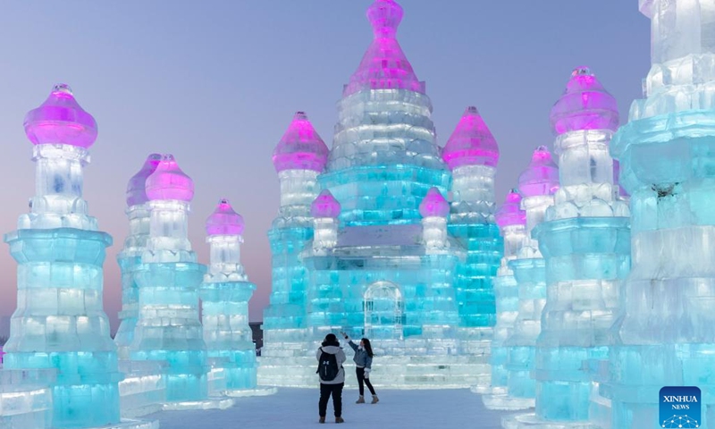 Tourists visit the Harbin Ice-Snow World theme park in Harbin, northeast China's Heilongjiang Province, Jan. 5, 2023. The opening ceremony of the 39th Harbin International Ice and Snow Festival was held on Thursday.(Photo: Xinhua)