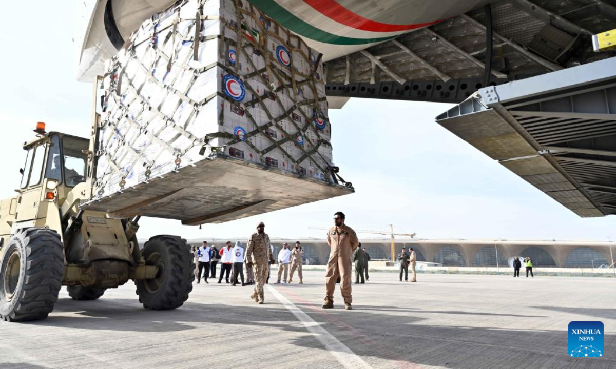 Supplies provided by Kuwait as humanitarian aid are loaded into a plane at Kuwait International Airport in Farwaniya Governorate, Kuwait, Feb 9, 2023. Photo:Xinhua