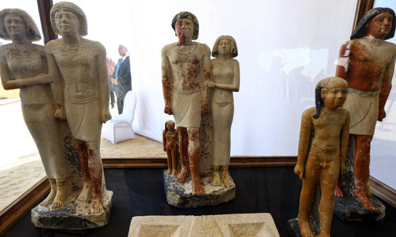 Photo taken on Jan. 26, 2023 shows cultural relics unearthed from newly-discovered ancient tombs in Saqqara necropolis, south of Cairo, Egypt. Egypt's renowned archeologist Zahi Hawass on Thursday announced the discovery of 
