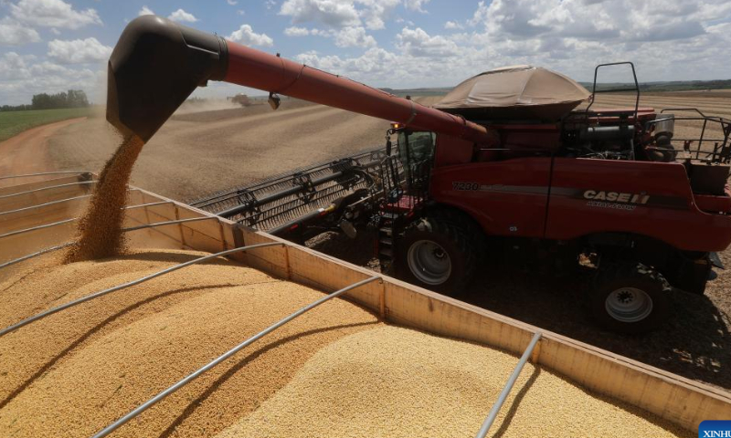 A farming machine harvests soybeans at the Nativa farm near Brasilia, Brazil, Feb. 11, 2023. Photo: Xinhua