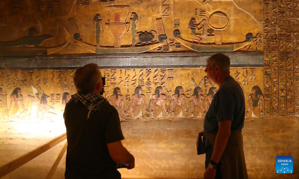 This photo taken on Jan 24, 2023 shows a relief painting inside the tomb of King Seti I at the Valley of the Kings in Luxor, Egypt. The tomb of King Seti I (1314-1304 BC) is famous for its well preserved colorful relief paintings. Photo:Xinhua