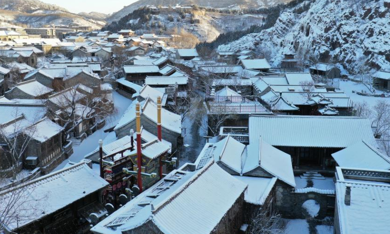 This aerial photo taken on Feb. 19, 2023 shows snow scenery of the Gubei Water Town in Beijing, capital of China. Photo: Xinhua