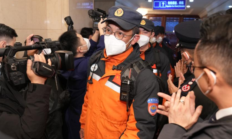 Members of rescue teams dispatched by the Chinese mainland and Hong Kong Special Administrative Region arrive in Beijing, capital of China, Feb. 17, 2023. Rescue teams dispatched by the Chinese mainland and Hong Kong Special Administrative Region returned to Beijing on a chartered plane Friday afternoon, after completing their rescue missions in Türkiye, according to the Ministry of Emergency Management. Photo: Xinhua