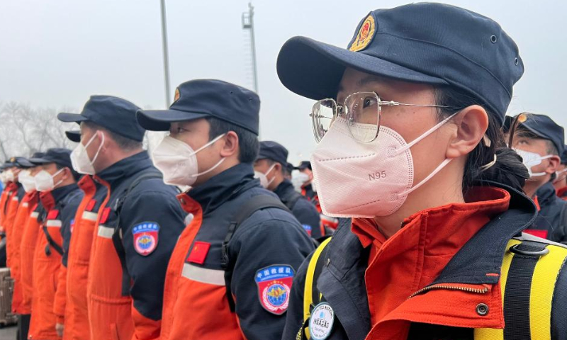 Members of rescue teams dispatched by the Chinese mainland and Hong Kong Special Administrative Region arrive in Beijing, capital of China, Feb. 17, 2023. Rescue teams dispatched by the Chinese mainland and Hong Kong Special Administrative Region returned to Beijing on a chartered plane Friday afternoon, after completing their rescue missions in Türkiye, according to the Ministry of Emergency Management. Photo: Xinhua