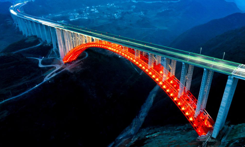 This aerial photo taken on Feb. 2, 2023 shows the Dafaqu grand bridge of Renhuai-Zunyi expressway in southwest China's Guizhou Province. Photo: Xinhua