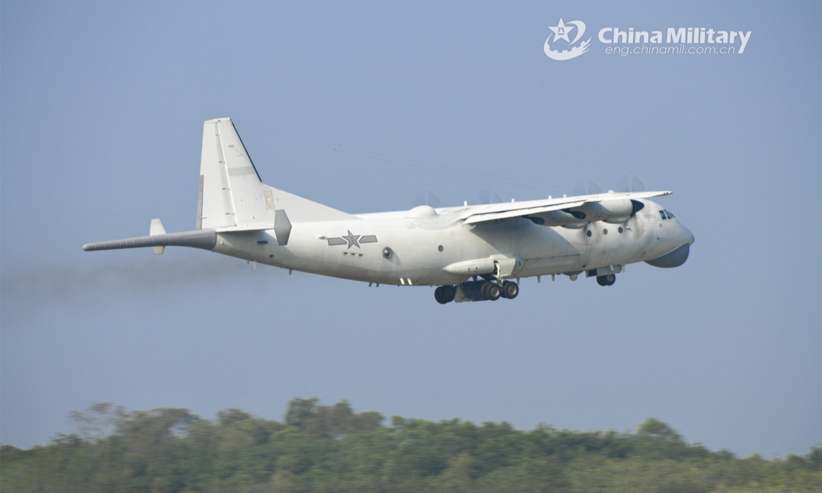 An antisubmarine aircraft attached to an aviation regiment of the naval force under the PLA Southern Theater Command takes off during an antisubmarine flight training exercise in late December, 2022. Photo: China Military