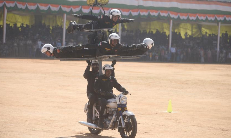 Members of a motorcycle stunt team under the Army Service Corps perform in celebration of India's Republic Day, in Bangalore, India, Jan. 26, 2023. Photo: Xinhua