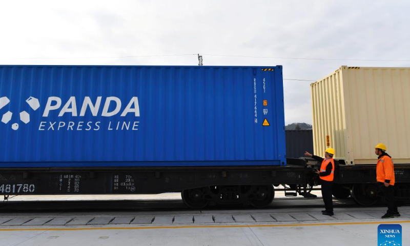 A China-Europe freight train parks at Huangtang railway station on Xingguo-Quanzhou railway in Huian County, Quanzhou City of southeast China's Fujian Province, Feb. 3, 2023. This is the first China-Europe freight train departing from Quanzhou this year, and also the first China-Europe freight train running on Xingguo-Quanzhou railway since its operation. Photo: Xinhua