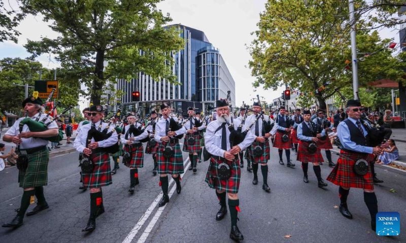 Performers play the Scottish bagpipe at the 2023 National Multicultural Festival in Canberra, Australia, Feb. 18, 2023. The festival, held from Feb. 17 to 19 in Canberra, provides a stage for various cultures and attracts visitors with music, dance performances and delicious food. Photo: Xinhua