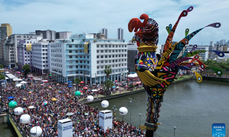 Revelers participate in the carnival in Recife, Pernambuco, Brazil, Feb. 18, 2023. Photo: Xinhua