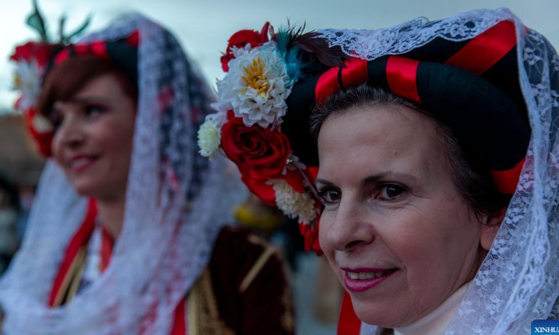 Women in traditional costumes are seen in Elefsina, Greece, Feb. 4, 2023. The opening ceremony of 2023 Eleusis European Capital of Culture was held on Saturday in Elefsina, some 20 km west of Athens. Photo: Xinhua