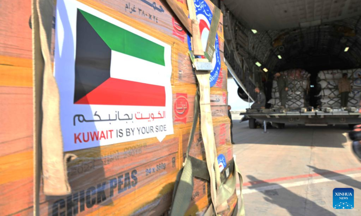 This photo shows supplies provided by Kuwait as humanitarian aid at Kuwait International Airport in Farwaniya Governorate, Kuwait, Feb 9, 2023. Photo:Xinhua