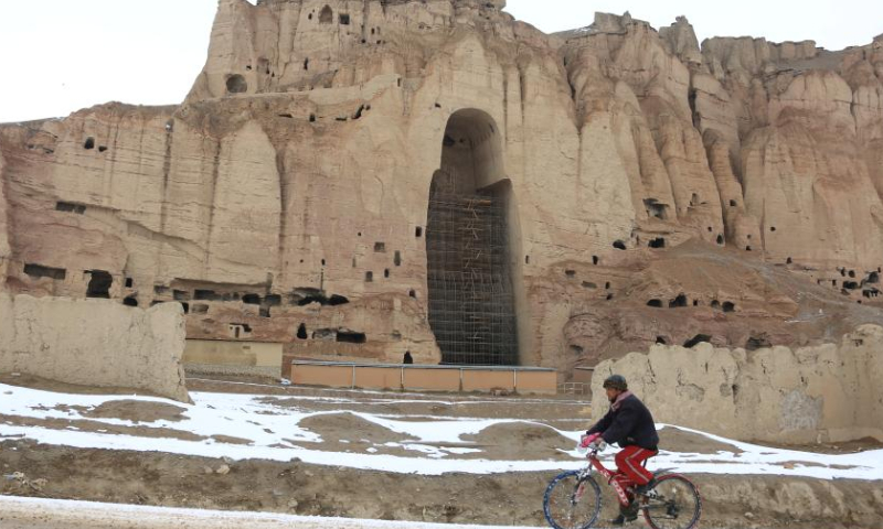 This photo taken on Feb. 9, 2023 shows the snow-covered Buddha site in Bamyan province, Afghanistan. Extreme cold weather and snowfall have swept through the central Bamyan province of Afghanistan since mid-January.  Photo: Xinhua