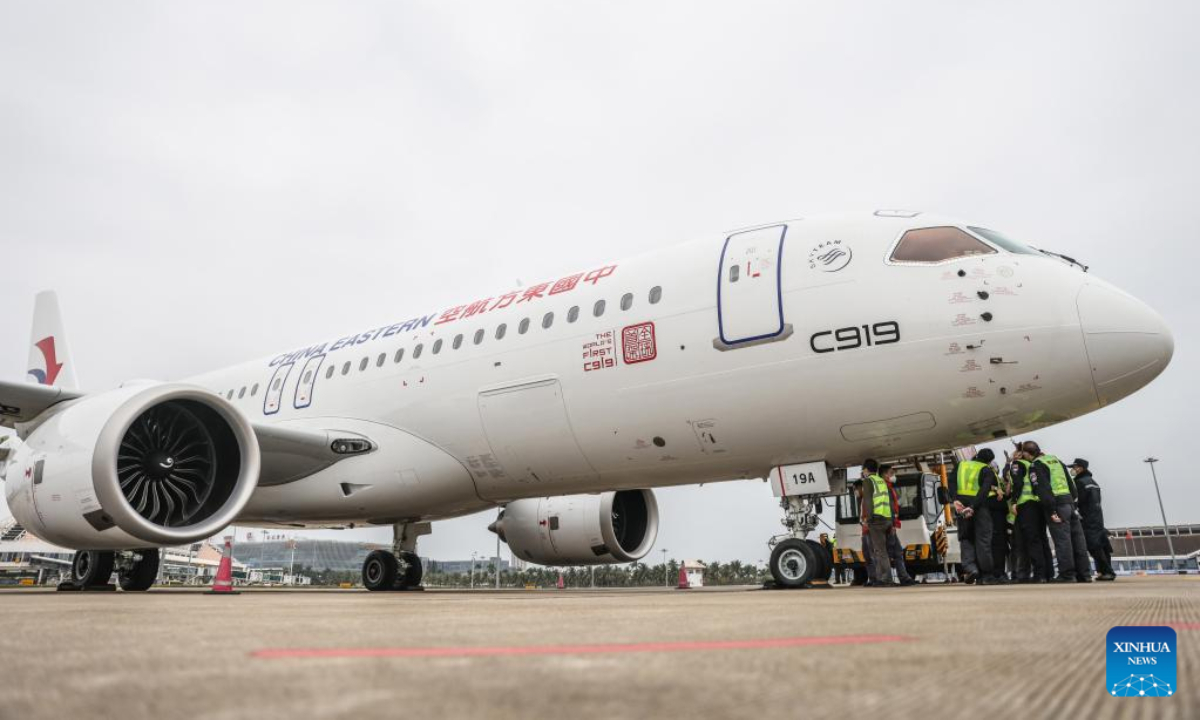 A C919 large passenger aircraft, China's first homegrown large jetliner, is pictured at Meilan International Airport in Haikou, South China's Hainan Province, on January 2, 2023. The aircraft, which belongs to China Eastern Airlines, landed at Meilan International Airport in Haikou as a part of the 100-hour aircraft validation flight process. Photo: Xinhua