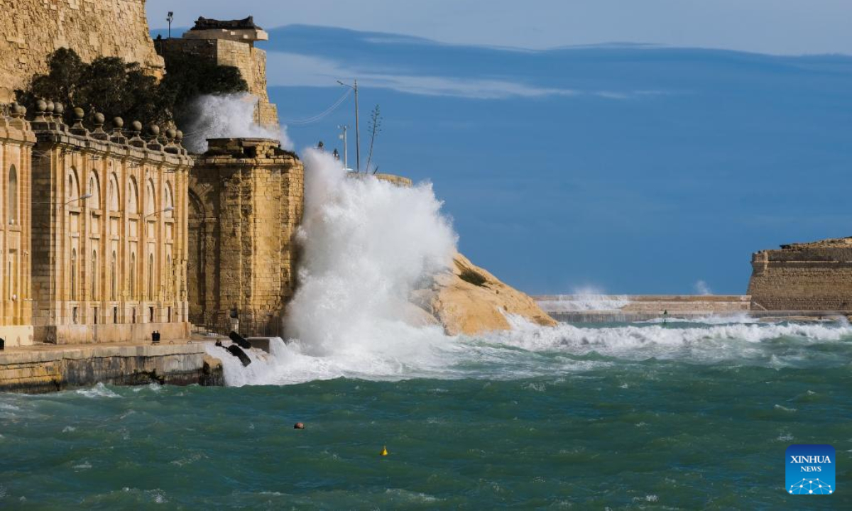 High waves pound the coast in Valletta, Malta, on Feb 10, 2023. High winds and waves caused damage across Malta, including several historic sites, as storm Helios battered the island on Thursday and Friday. Photo:Xinhua