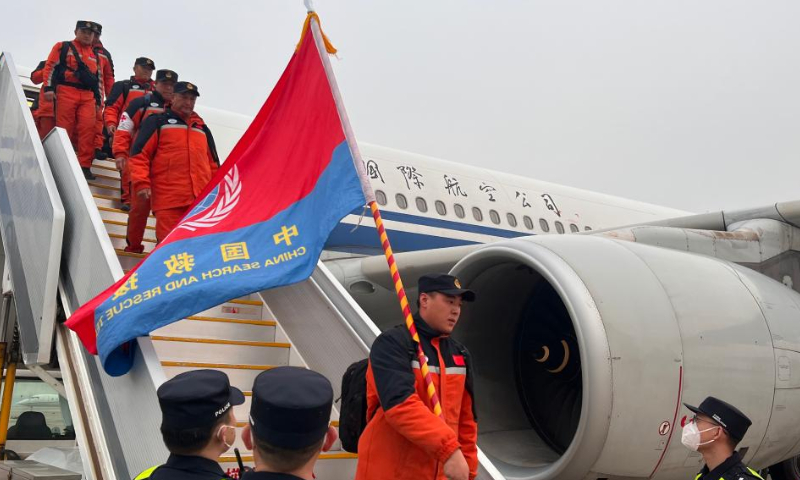 Members of rescue teams dispatched by the Chinese mainland and Hong Kong Special Administrative Region arrive in Beijing, capital of China, Feb. 17, 2023. Rescue teams dispatched by the Chinese mainland and Hong Kong Special Administrative Region returned to Beijing on a chartered plane Friday afternoon, after completing their rescue missions in Türkiye, according to the Ministry of Emergency Management. Photo: Xinhua