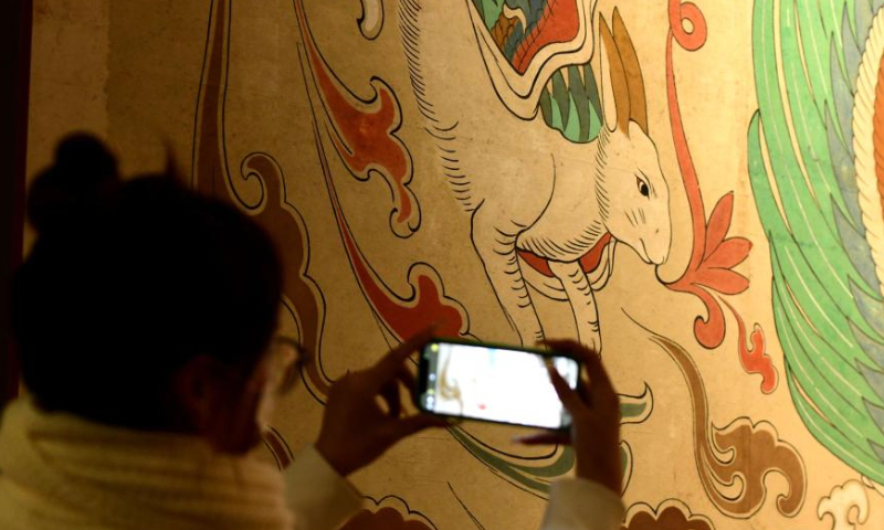 A visitor takes photos of a rabbit depicted on a mural in a mural exhibition hall of Hebei Museum in Shijiazhuang, north China's Hebei Province, Jan. 23, 2023. The Chinese New Year for 2023 marks the Year of the Rabbit -- a gentle and beloved animal that signifies vitality, wittiness, cautiousness and good luck in the Chinese zodiac. (Photo by Chen Qibao/Xinhua)