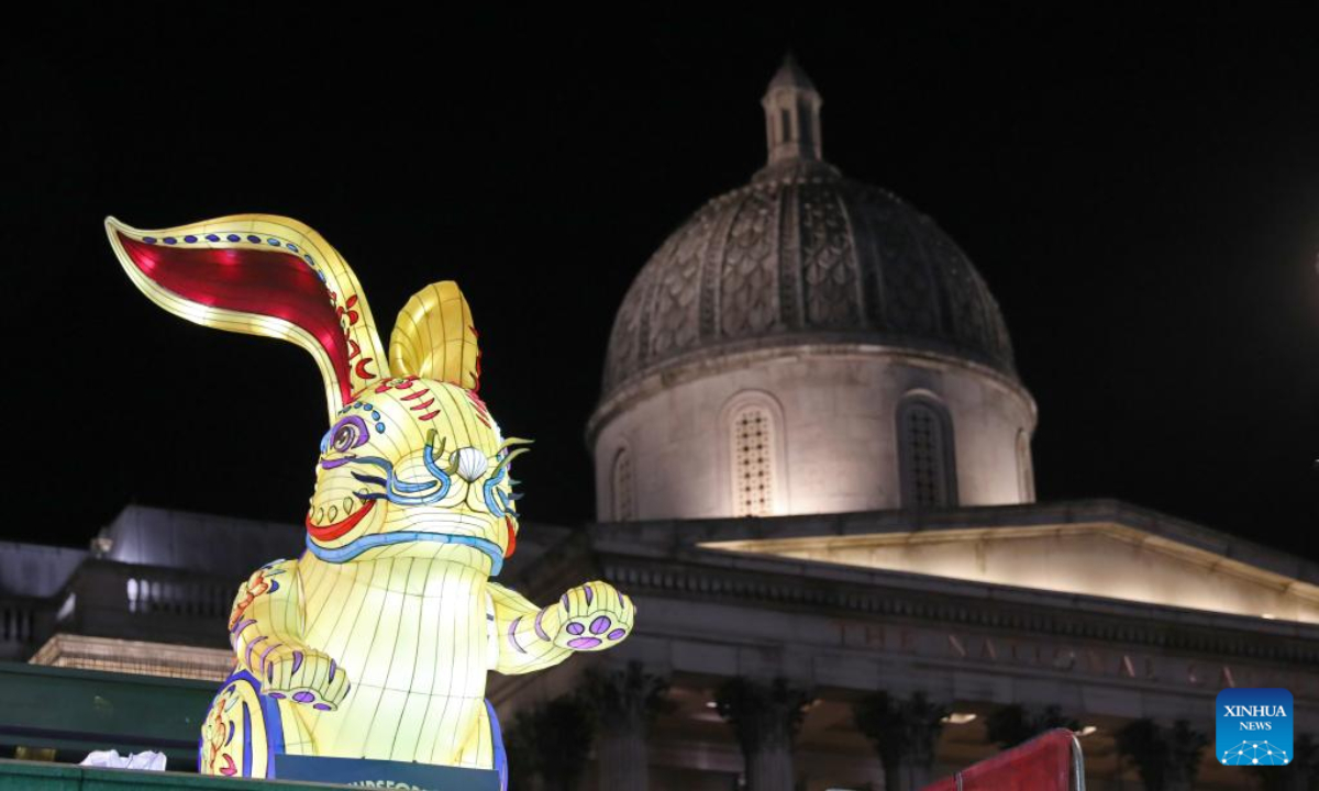 This photo taken on Jan 21, 2023 shows a large lantern celebrating the Year of the Rabbit on the eve of the Chinese New Year at Trafalgar Square in London, Britain. Photo:Xinhua