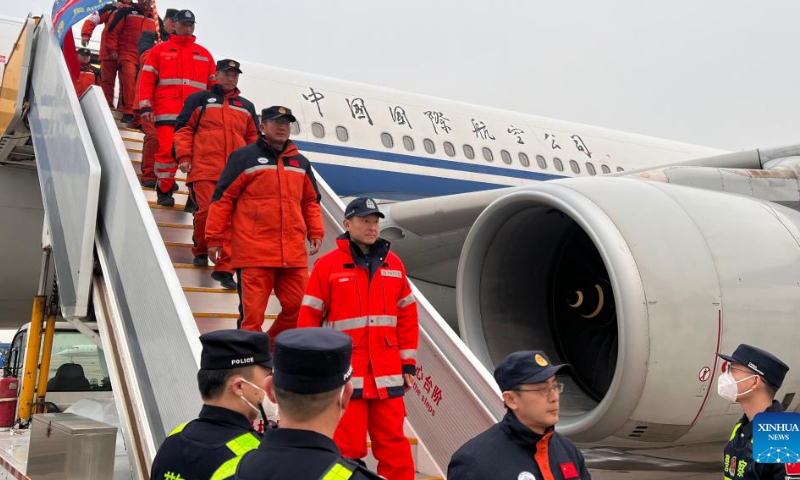 Members of rescue teams dispatched by the Chinese mainland and Hong Kong Special Administrative Region arrive in Beijing, capital of China, Feb. 17, 2023. Rescue teams dispatched by the Chinese mainland and Hong Kong Special Administrative Region returned to Beijing on a chartered plane Friday afternoon, after completing their rescue missions in Türkiye, according to the Ministry of Emergency Management. Photo: Xinhua