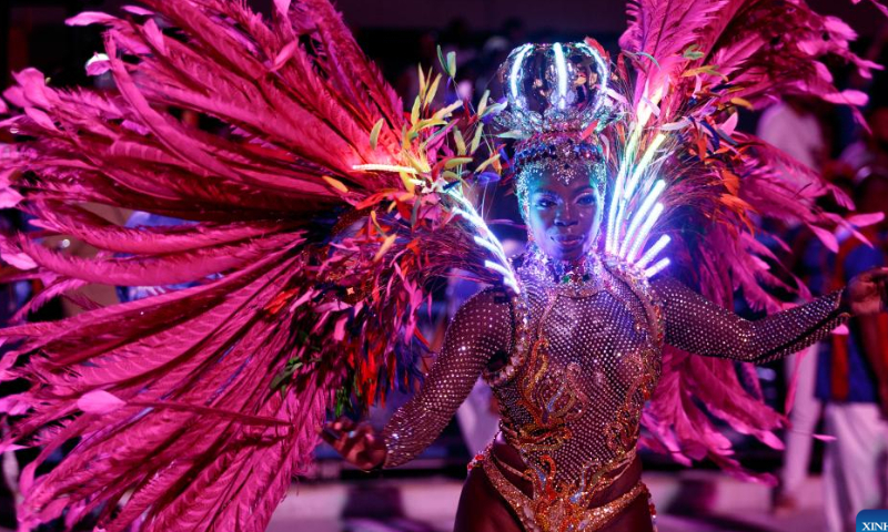 A reveler participates in the carnival parade at the Sambadrome in Rio de Janeiro, Brazil, on Feb. 17, 2023. The Brazilian city's carnival is the South American country's biggest popular festival and one of the largest carnival celebrations in the world. Photo: Xinhua