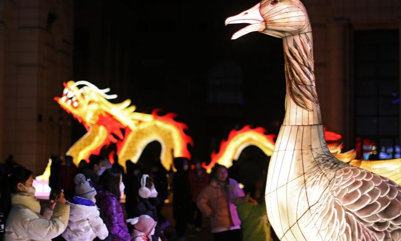 Tourists view lanterns at Liaohe ancient street in Yingkou, northeast China's Liaoning Province, Feb. 3, 2023. The Liaohe ancient street has been decorated with various lanterns to greet the Lantern Festival, the 15th day of the first month of the Chinese lunar calendar, which falls on Feb. 5 this year. Photo: Xinhua