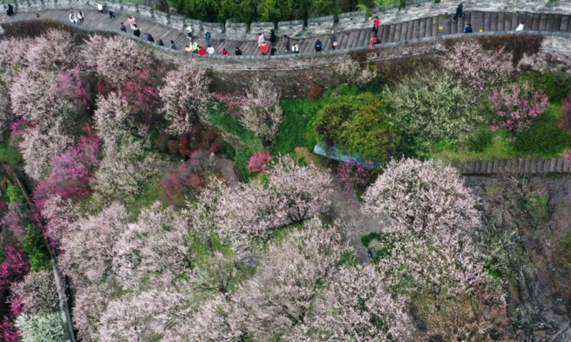 This aerial photo taken on Feb. 12, 2023 shows tourists visiting a scenic area in Linhai, east China's Zhejiang Province. Photo: Xinhua