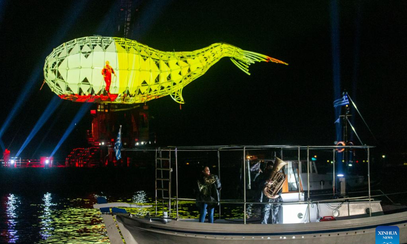 A mechanical fish is seen at a port of Elefsina, Greece, Feb. 4, 2023. The opening ceremony of 2023 Eleusis European Capital of Culture was held on Saturday in Elefsina, some 20 km west of Athens. Photo: Xinhua