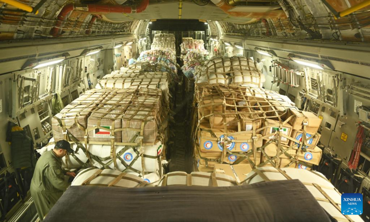 This photo shows supplies provided by Kuwait as humanitarian aid aboard a plane at Kuwait International Airport in Farwaniya Governorate, Kuwait, Feb 9, 2023. Photo:Xinhua