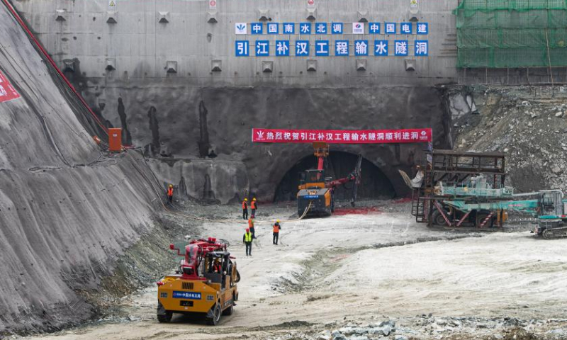 This photo taken on Feb. 18, 2023 shows the construction site of an underground water-transfer tunnel in Danjiangkou, central China's Hubei Province. Started construction on Saturday, the tunnel is the main part of a project to channel water from the Three Gorges Reservoir area to the Hanjiang River, a tributary of the Yangtze River. Photo: Xinhua