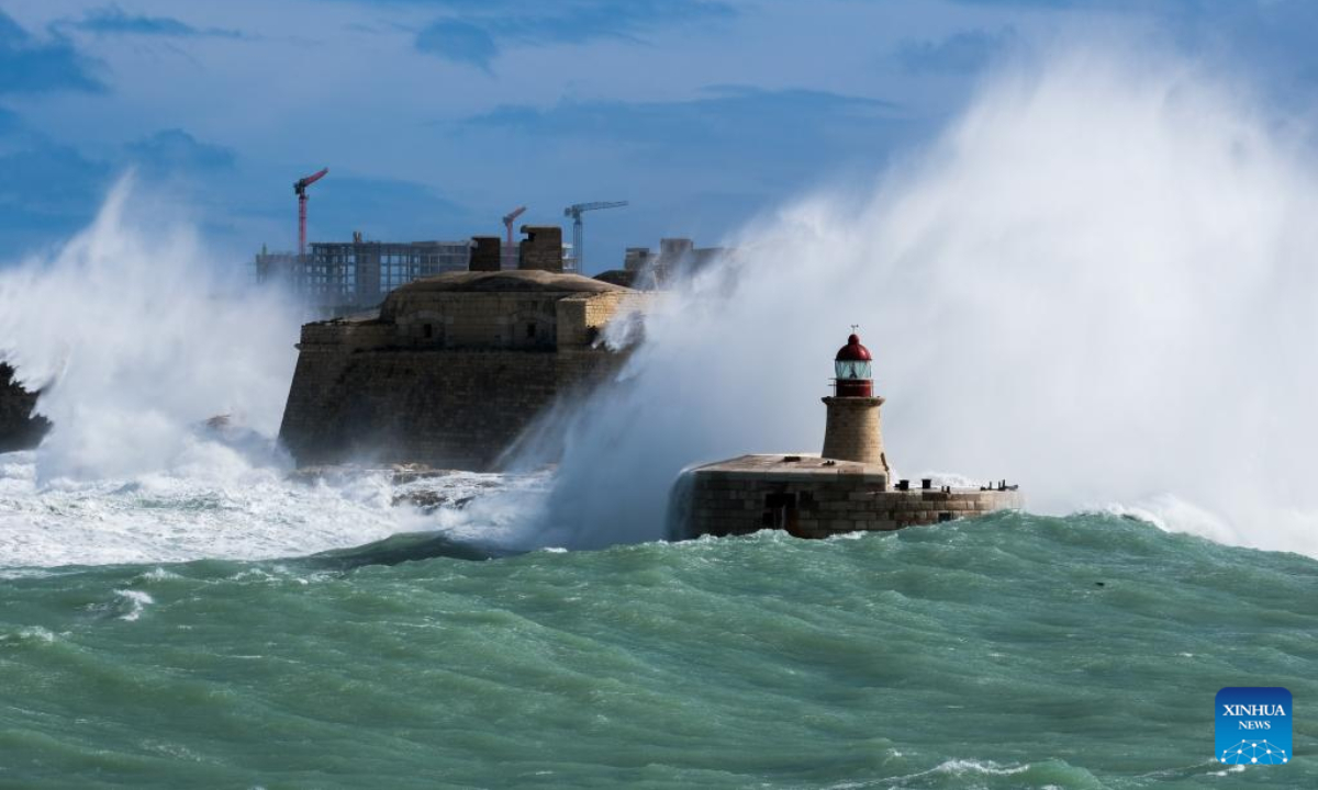 High waves pound the coast in Valletta, Malta, on Feb. 10, 2023. High winds and waves caused damage across Malta, including several historic sites, as storm Helios battered the island on Thursday and Friday. Photo:Xinhua