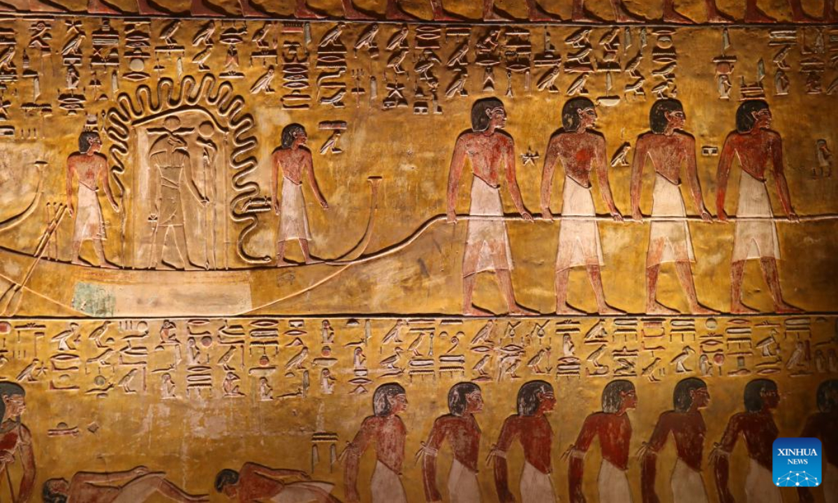 This photo taken on Jan 24, 2023 shows a relief painting inside the tomb of King Seti I at the Valley of the Kings in Luxor, Egypt. The tomb of King Seti I (1314-1304 BC) is famous for its well preserved colorful relief paintings. Photo:Xinhua