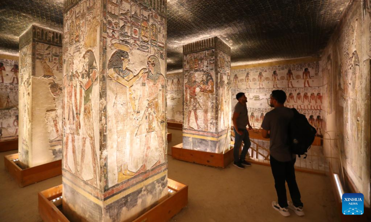 This photo taken on Jan 24, 2023 shows a relief painting inside the tomb of King Seti I at the Valley of the Kings in Luxor, Egypt. The tomb of King Seti I (1314-1304 BC) is famous for its well preserved colorful relief paintings. Photo:Xinhua