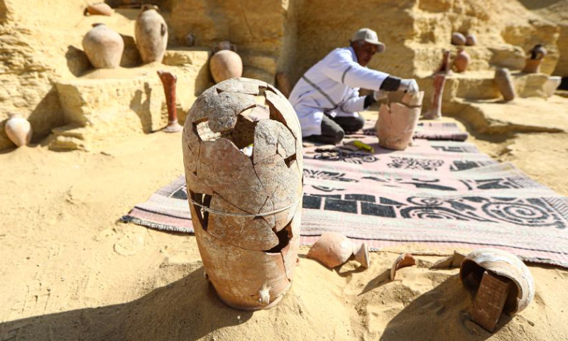 Photo taken on Jan. 26, 2023 shows a restored pottery at the archaeological excavation site of ancient tombs in Saqqara necropolis, south of Cairo, Egypt. Egypt's renowned archeologist Zahi Hawass on Thursday announced the discovery of 