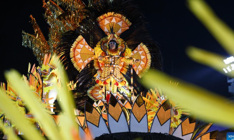 A float participates in the carnival parade at the Sambadrome in Rio de Janeiro, Brazil, on Feb. 17, 2023. The Brazilian city's carnival is the South American country's biggest popular festival and one of the largest carnival celebrations in the world. Photo: Xinhua