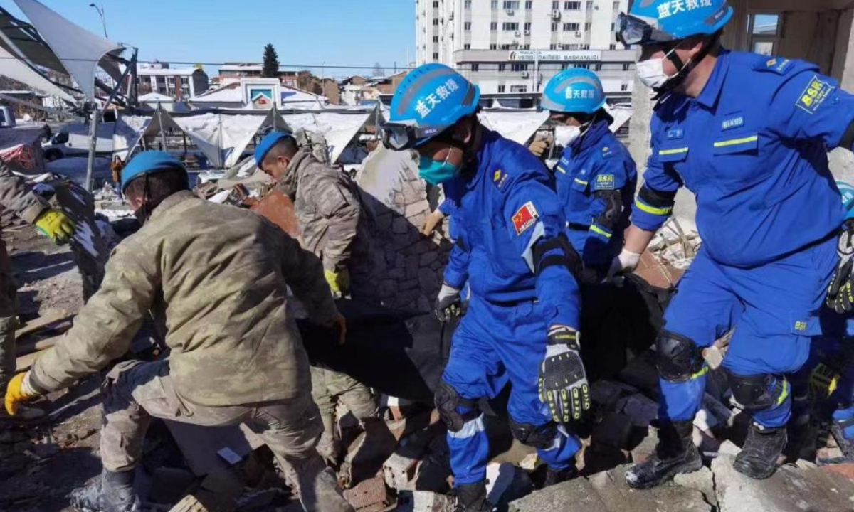 Members from the Blue Sky Rescue Team conduct rescue work in the Malatya province, Türkiye, Feb 10, 2023. Members from the Blue Sky Rescue Team, a Chinese civil relief squad, started to help save trapped people in the Malatya province after they arrived in Türkiye early Thursday. Photo:Xinhua