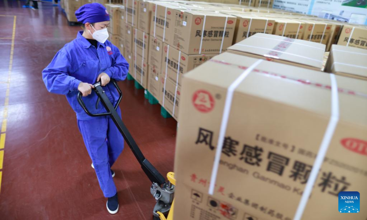 A worker works at a pharmaceutical company in Anshun City, southwest China's Guizhou Province, Jan 6, 2023. Pharmaceutical production lines in Anshun are running at full capacity, increasing the market supply of medicine. Photo:Xinhua