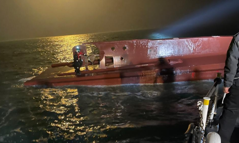 This photo taken on Feb. 4, 2023 shows a capsized fishing boat in the waters off Sinan county in South Jeolla province, South Korea. Nine people went missing as a fishing boat capsized in the waters off southwestern South Korea, Yonhap news agency reported on Sunday. Photo: Xinhua