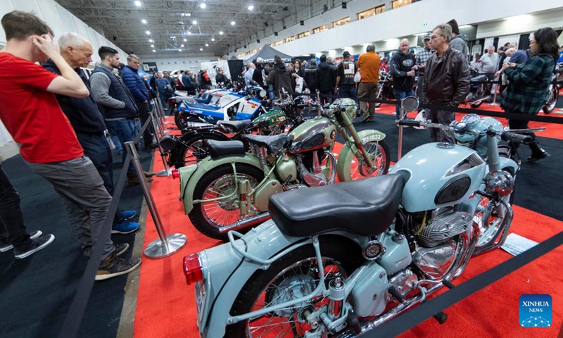 People visit the 2023 North American International Motorcycle Supershow in Mississauga, the Greater Toronto Area, Canada, on Jan. 7, 2023. This annual event is held here from Friday to Sunday with over 1,000 motorcycles from above 500 exhibitors. (Photo by Zou Zheng/Xinhua)