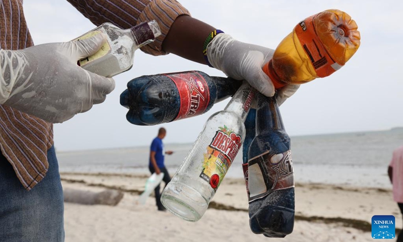 This photo taken on Jan. 7, 2023 shows trash collected at a beach in Tanzania's port city of Dar es Salaam. (Photo by Herman Emmanuel/Xinhua)