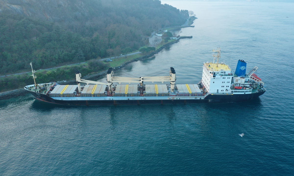 

An aerial view of the Bosphorus Strait after a cargo ship ran aground in Istanbul, Türkiye, on January 16, 2023. The 142-meter ship, named MKK-1, traveling from Ukraine to Istanbul, ran aground, temporarily halting all passage through the Bosphorus Strait. Photo: VCG