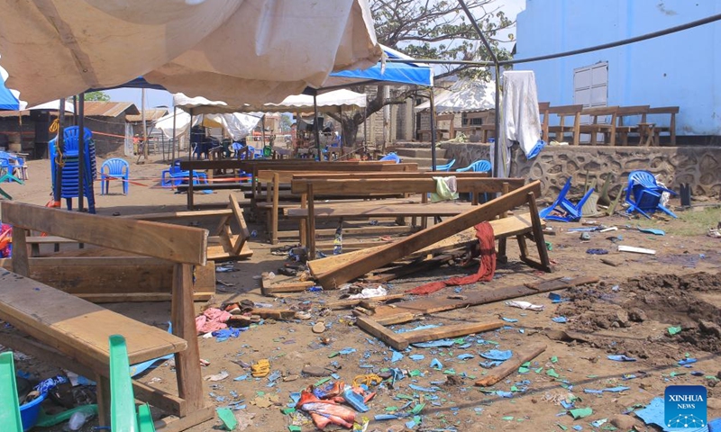 Photo taken on Jan. 16, 2023 shows the scene of an improvised explosive device attack at a church in Kasindi, North Kivu province, the Democratic Republic of the Congo (DRC). At least ten people were killed in the improvised explosive device attack here on Sunday, said a local army spokesman.(Photo: Xinhua)