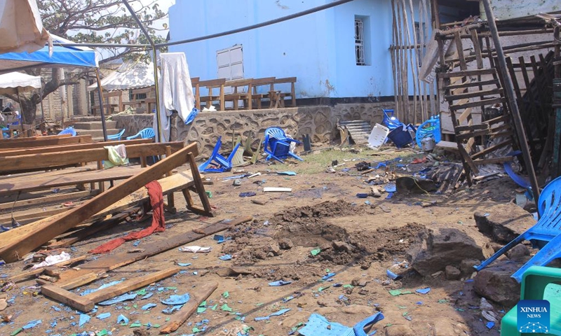 Photo taken on Jan. 16, 2023 shows the scene of an improvised explosive device attack at a church in Kasindi, North Kivu province, the Democratic Republic of the Congo (DRC). At least ten people were killed in the improvised explosive device attack here on Sunday, said a local army spokesman.(Photo: Xinhua)