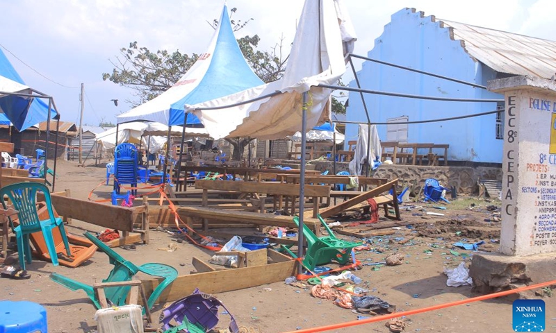 Photo taken on Jan. 16, 2023 shows the scene of an improvised explosive device attack at a church in Kasindi, North Kivu province, the Democratic Republic of the Congo (DRC). At least ten people were killed in the improvised explosive device attack here on Sunday, said a local army spokesman.(Photo: Xinhua)