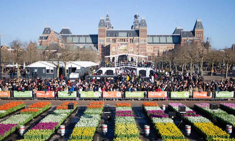 A huge picking garden with more than 200,000 tulips is seen on the Museum Square in Amsterdam, the Netherlands, Jan. 21, 2023. The Dutch celebrated the National Tulip Day on Saturday, which is traditionally marked on the third Saturday of the year. (Photo by Sylvia Lederer/Xinhua)